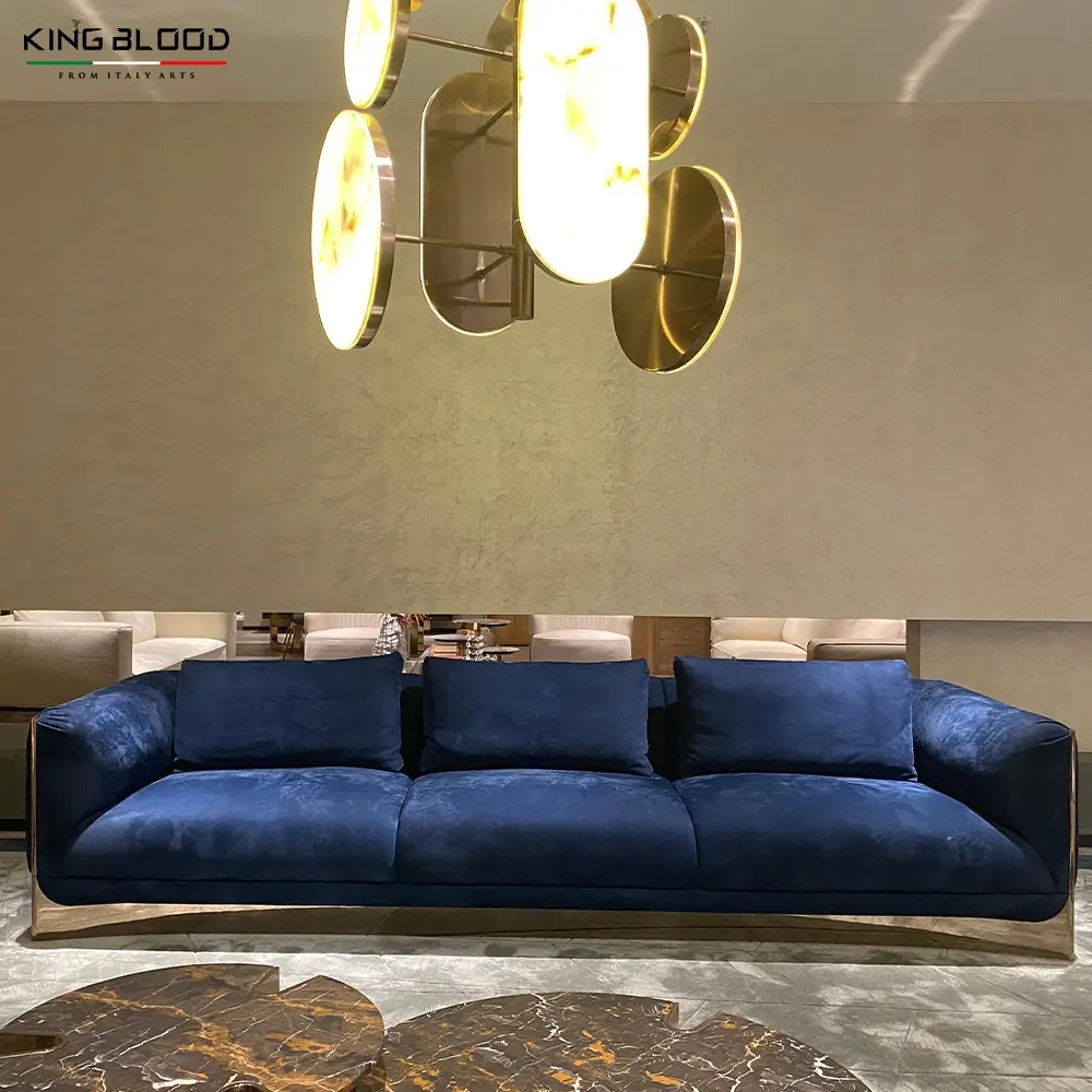Atacado High End Luxo Sofás Sala Mobiliário Define Modern Tecido Leather Lounge Set com moldura de aço inoxidável dourado