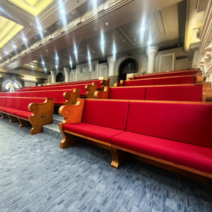 Kilise için özelleştirilmiş yastıklı sandalyeler ahşap oditoryum kilise salonu Pews Pastors Sillas Para Iglesia için logo ile - Product Image 1