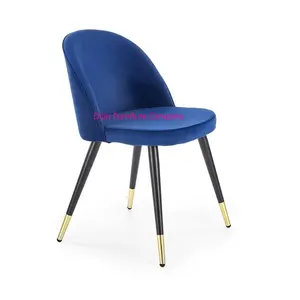 Chaise classique en tissu velours bleu, pieds en métal, fond doré, chaise de salle à manger