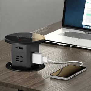Toma de corriente oculta emergente de escritorio empotrada BNT con USB A + C 100mm sitio de orificio toma de mesa emergente neumática con cargador inalámbrico