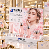 Support de présentation de maquillage en acrylique de qualité supérieure avec panneau publicitaire remplaçable et base à logo personnalisé, étagère cosmétique écologique à vendre