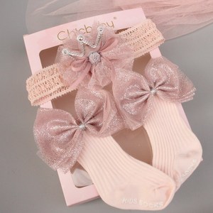 Lace Crown Floral Bow <b>Baby</b> <b>Headband</b> Sock Set Glitter Tulle Bow Ribbed Cotton Mid Calf Socks Soft Elastic Infant Hair Accessory - Product Image 3