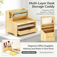 Organisateur de bureau en bambou durable à plusieurs compartiments, support de rangement multicouche pour documents, pour le tri des fournitures de bureau et l'usage quotidien