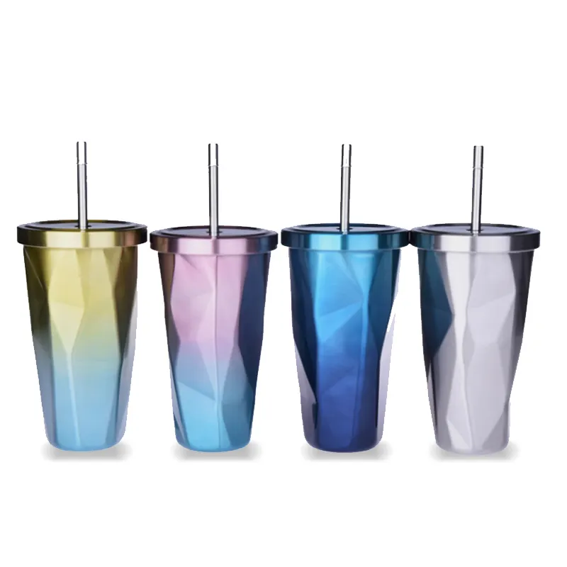 Water Mug 500ml Gradient Color Water Coffee Tumbler Cup Double Wall Stainless Steel Mugs With Straw
