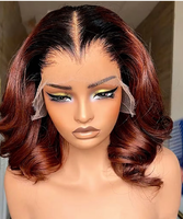 Perruque courte bob en cheveux humains, ondulée, pré-épilée, avec dentelle HD 13x4 sans colle, ligne de cheveux en M, couleur brun roux ombré, modèle Lagos