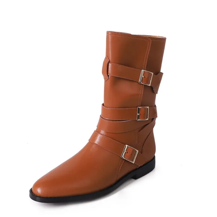 factory wholesale mid-calf boots for women 2023 autumn winter genuine leather shoes belt buckle round toe low heel fashion Boot