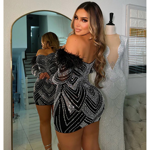 Nuovo Vestito Mini Aderente di Lusso <span class=keywords><strong>da</strong></span> Donna con Strass, Maniche Lunghe, Senza Spalline e Inserti in Rete, Ideale per Feste e Club - Product Image 3