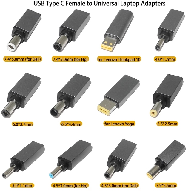 Universal Dc Power Supply Adapter Connector USB C to 7.4x5.0 4.5x3.0 5.5x2.5mm Plug Jack Converter for Hp Asus Lenovo Laptop