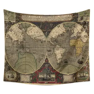 विंटेज विश्व मानचित्र दीवार टेपेस्ट्री 51 एच x 59W इंच पॉलिएस्टर रेट्रो ऐतिहासिक ग्लोब पुराने समुद्री मानचित्र Tapestries