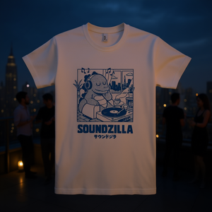 Camiseta Soundzilla blanca y azul con diseño gráfico, camiseta promocional unisex - Product Image 3