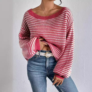 Pull en maille pour femme à épaules dénudées, à rayures contrastées et manches lanternes, mode - Product Image 2