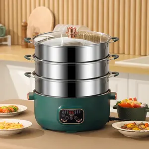 Multi-função Portátil De Aço Inoxidável Inteligente Caldrão Elétrico Fogão Noodle Hot Pot Com 2 Steamer