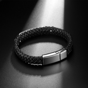 Men's Woven <b>Leather</b> <b>Bracelet</b> Titanium Steel Geometric Design Black 21.5 Cm Length Simple Motorcycle Style CE571 - Product Image 4