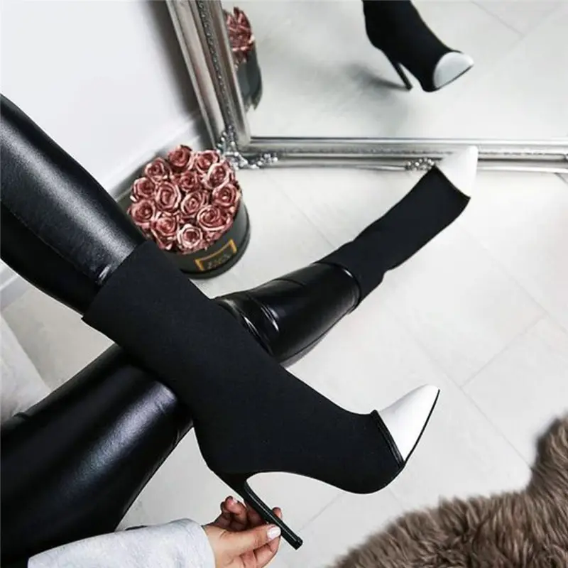 Plus-größe weibliche stiefel Europa und die Vereinigten Staaten herbst winter neuen spitzen stretch super schuhe mit hohen absätzen schwarz und weiß