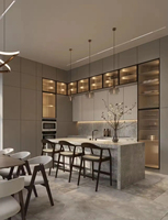 Meubles de cuisine sur mesure en placage de bois de luxe Vermonhouzz avec quincaillerie à fermeture douce intégrale et armoire vitrée éclairée pour hôtel