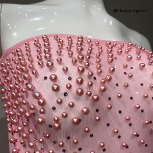 2024年HOスタイル ピンクメッシュイブニングドレス ラインストーンプロムドレス パールフロア丈ストラップレスドレス レディース向け - Product Image 5