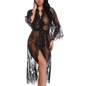 UD6380 uzun kollu transparan iç çamaşırı kıyafeti dantel Kimono Robe Femme seksi