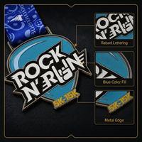 Médaille sportive personnalisée Rock N' Rollin en métal moulé sous pression, avec émail bleu, bord métallique et lettrage en relief, motif Buenaventa pour