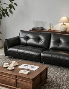 Sofá de Cuero Negro Premium con Mechones, 4 Plazas, con Patas Metálicas, para Sala de Estar Estilo Mid-Century - Product Image 4