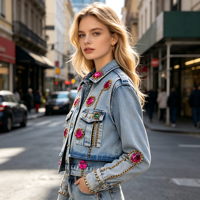 Veste en jean courte personnalisée délavée avec chaînes et pierres précieuses roses – Veste en jean de luxe streetwear pour femme