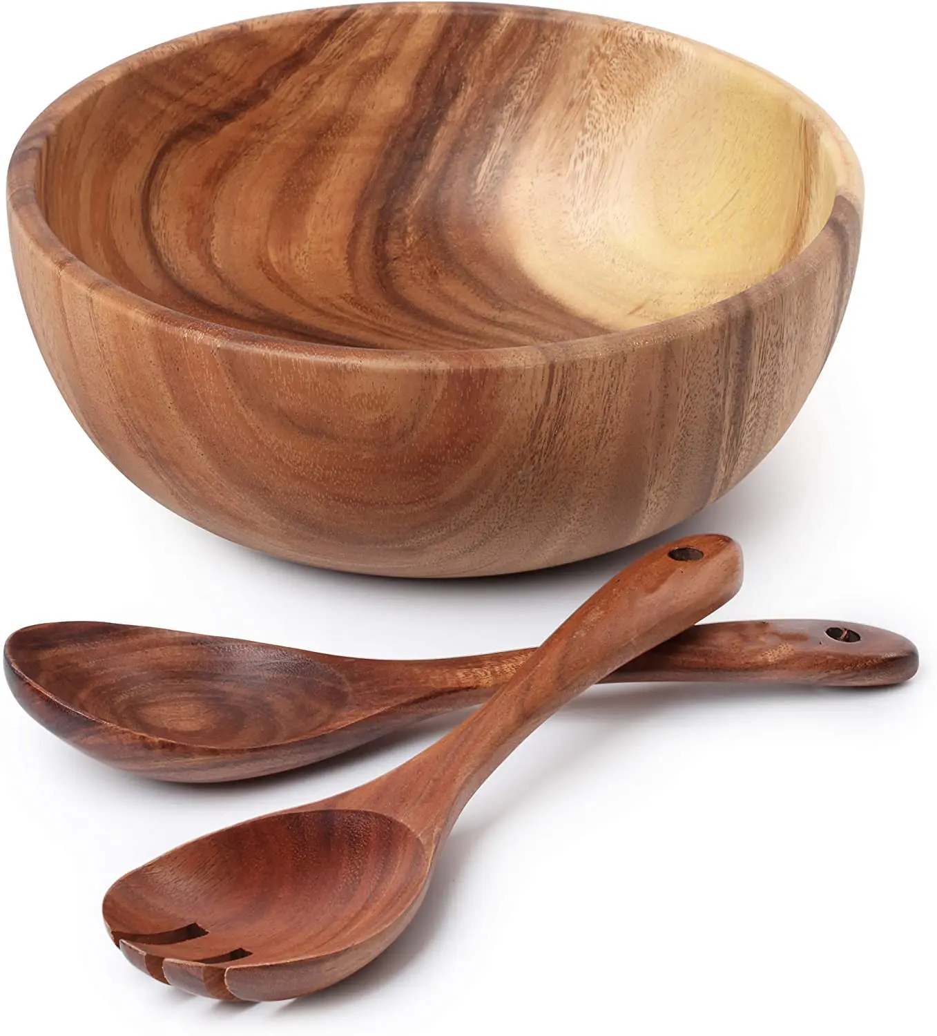 Eco Friendly Wholesale Kitchen Acacia Wooden Salad Bowl Set With Tableware Fork Spoon Set