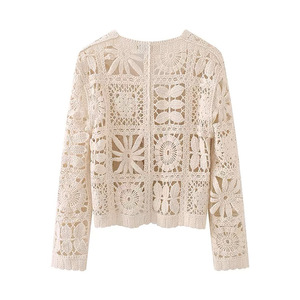 Cárdigan de punto calado de manga larga para mujer, con cuello en V, ajuste holgado, chaqueta de verano transparente - Product Image 2