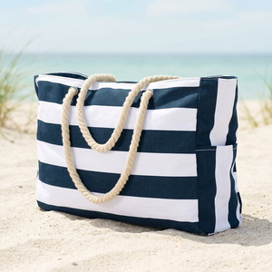Navy White Striped Canvas <b>Tote</b> <b>Bag</b> with Customized <b>Zipper</b> Closure Rope Handles Side Pocket Water Resistant Travel Shopping <b>Bag</b> - Product Image 6