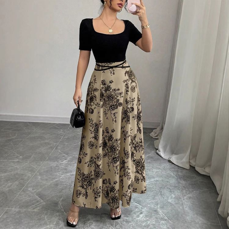 Deals Black Rose Print Dress V-Neck, Pleated Elegance | Alibaba.com