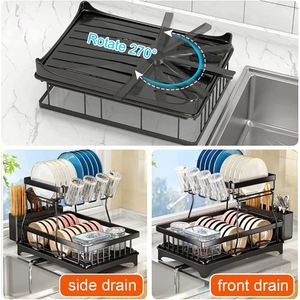 Support de séchage et d'organisation 2 niveaux pour vaisselle, bols et baguettes, pour comptoir de cuisine et table, avec égouttoir et étagère de rangement - Product Image 2