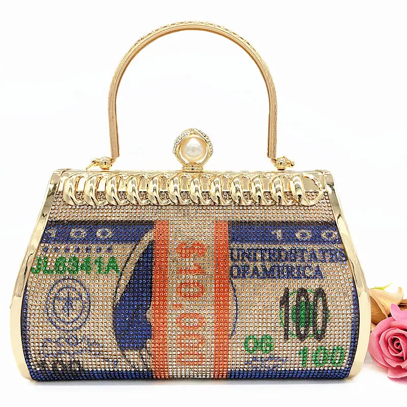 Moda abd doları para lüks Rhinestone elmas el çantası kadınlar bayanlar için siyah kare el çantası el çantası kadınlar için kırmızı