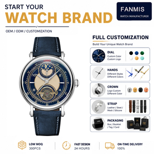Montre mécanique pour homme en acier inoxydable avec logo personnalisé, phase solaire et lunaire, tourbillon, bracelet en cuir - Product Image 1