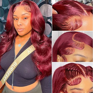 <span class=keywords><strong>Parrucca</strong></span> anteriore in pizzo trasparente da <span class=keywords><strong>donna</strong></span> 99J rosso bordeaux con onde a forma di Bob 180% densità dei capelli brasiliani - Product Image 4