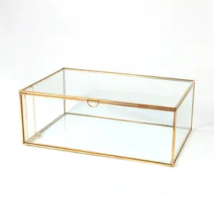 Size Available Vintage Tempered Glass Cosmetics box Jewelry clear gold glass metal jewelry box glass gift box