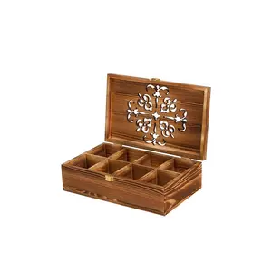 Holztee-Beutel Aufbewahrungsbox mit geschnitztem Deckel, 8-Kompartimente Teekiste Organisator Gewürzpaketbehälter für Wohnzimmer Küche