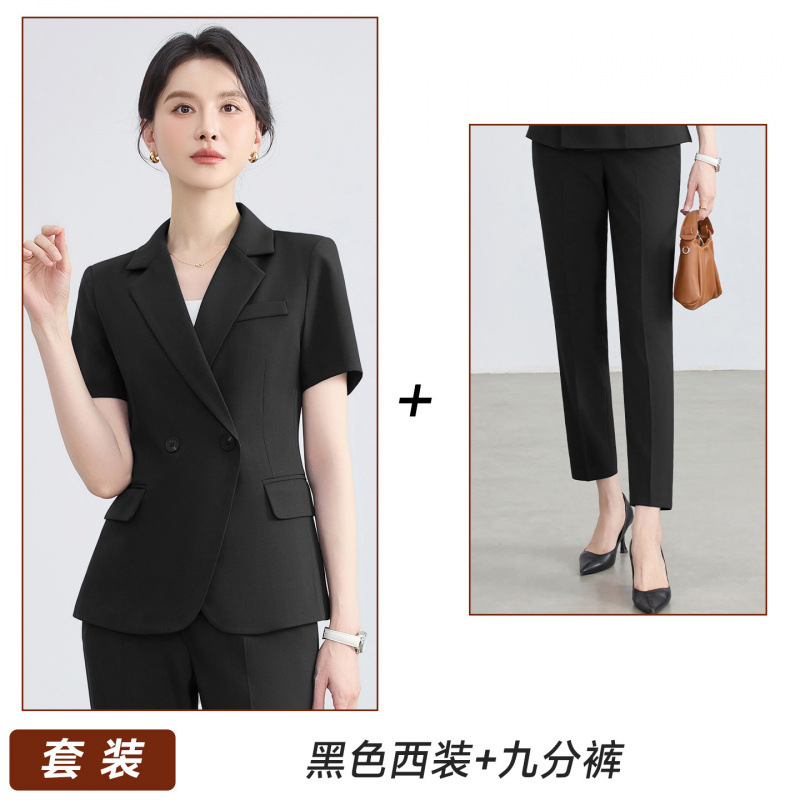 Black suit with elastic waist and slim-fit trousers
