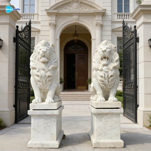 屋外入口用 手作りのヨーロッパデザイン 白大理石 大型座獅子像 庭園や寺院用 - Product Image 6