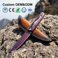 Couteau à lame fixe d'extérieur en acier Damas, couteau de camping et de chasse, couteau de poche, manche en bois, couteau à fruits portable pour la maison, étui en cuir DM046