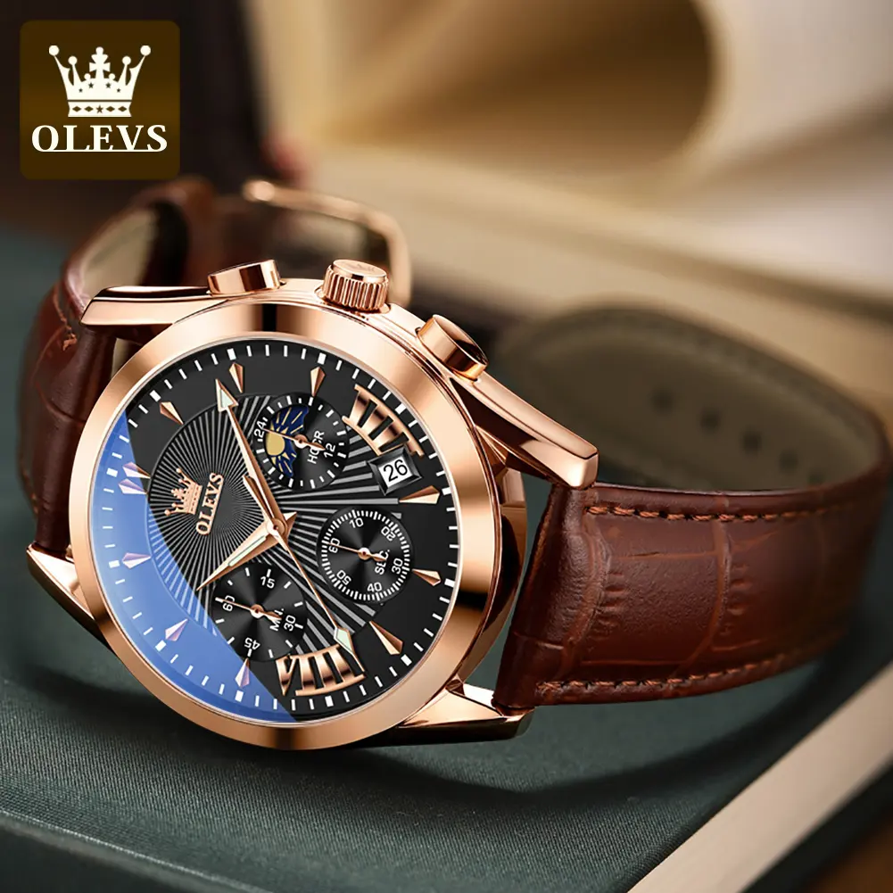 OLEVS-Reloj de pulsera de cuarzo para hombre, cronógrafo negro con correa de cuero, resistente al agua, luminoso, con fecha, para negocios, 2876