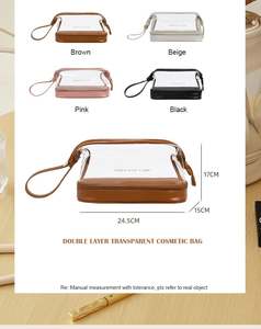 Double Layer PU Leather <b>Travel</b> <b>Bag</b> With Transparent PVC <b>Clear</b> Makeup <b>Bag</b> Large Capacity Zipper Closure Logo Pattern - Product Image 6