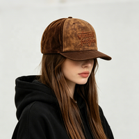 Casquette de baseball sportive 6 panneaux en faux daim vieilli personnalisé, dos en velours côtelé marron, broderie vintage tendance, visière plate, vente en gros OEM