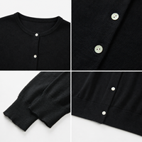 Pull en laine mérinos douce pour femme, col rond, manches longues, boutonné, coupe ajustée, noir uni, minimaliste, simple boutonnage, automne-hiver