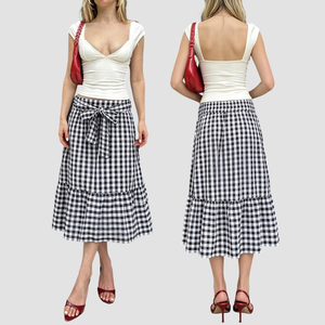 Summer Casual Vacation Style Black White Checkered Bow <b>Tie</b> Skirt A Line Long Skirt holiday beach skirt - Product Image 1
