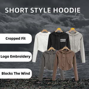 Sweat à capuche court tendance en spandex/coton respirant, nouveau, à manches longues, avec logo brodé personnalisé, fermeture éclair, motif arête de poisson - Product Image 2