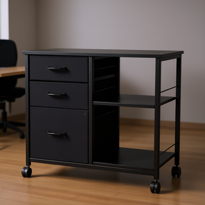 Armoire de classement mobile en métal noir avec 3 tiroirs en tissu et 2 étagères ouvertes, mobilier de rangement de bureau - Product Image 2