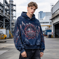 Sweat à capuche graphique gothique personnalisé OEM avec strass pour homme, en coton délavé vintage, coupe oversize, style streetwear, vente en gros