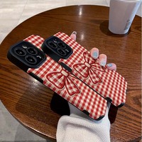 Étui de téléphone portable en cuir artificiel TPU avec broderie à carreaux et nœud papillon imprimé pour iPhone X Xr Xs 11 12 13 14 15 16 17 18 Pro Max
