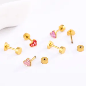 Lovely Red Pink Enamel Heart Plain Stud Earrings Gold Sparkle And Shine Stainless Steel Jewelry For Children Women Girls