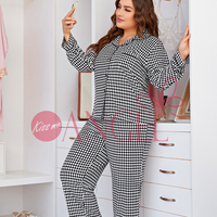 KISS ME ANGEL nuisette sexy pantalon à manches longues à carreaux noir et blanc automne et hiver vêtements de maison grande taille vêtements de nuit pour femmes
