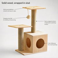 Arbre à chat en bois massif et sisal, 2 niveaux, griffoir, maisonnette pour chat d'intérieur, 68 cm