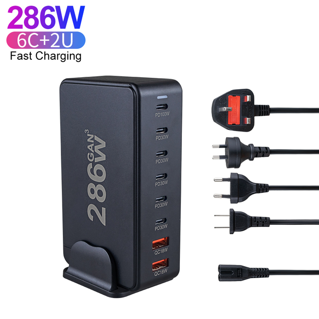 Type C 286W Desktop 6C2A Multi Port GaN Charger 100W USB C Super Fast Charging for Mobile Phone Laptop Portable Charger Adapter
